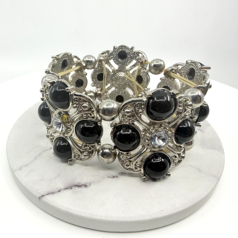 Silver Tone Black Stone Stretch Cuff Bracelet Ornate Filigree Clear Crystal
